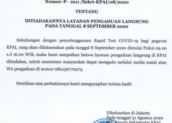 PENGUMUMAN LAYANAN PENGADUAN LANGSUNG TANGGAL 8 SEPTEMBER 2020